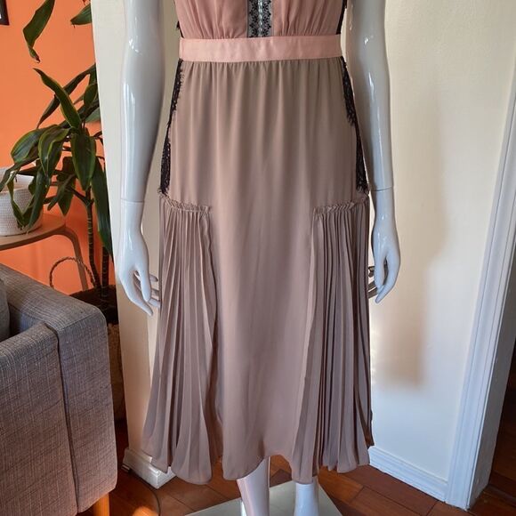 Three Floor Mauve, Pink, & Black Lace Halter Midi Dress with Skirt Pleating - Picture 4 of 11